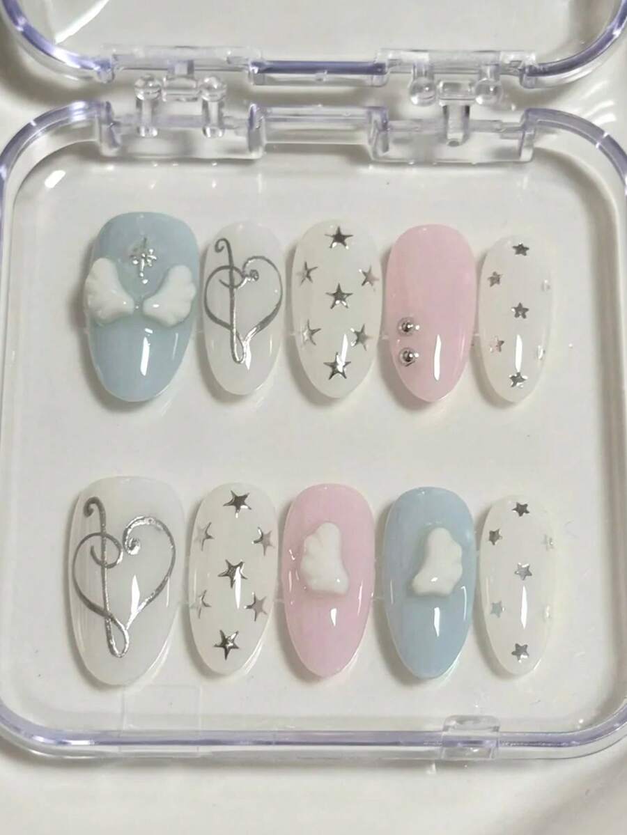 10片中长椭圆形美甲贴纸 | 可爱Y2K风格 | 粉蓝3D云朵、星星、爱心图案假指甲 | 可重复使用全覆盖人造指甲套装，含果冻胶和指甲锉 | 甜美沙龙级美甲，适合女性日常/派对美甲用品，手工制作按压式美甲 - Follow Your Heart - 查看 1