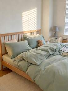 Nordisches Bettwäsche-Set in Unifarben, 2- oder 3-teilig, knitterfrei, für alle Jahreszeiten geeignet, inklusive Bettbezug und Kissenbezügen, ideal fürs Schlafzimmer – erhältlich in verschiedenen Farben und Größen - Minzgrün - Übersicht 2