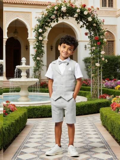 3pcs Young Boy Summer New Performance Suit, Formal Wear For Wedding, Pageant, Gentleman Outfit - Vest + Shorts + Bow Tie