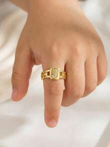 1pc Classic Fashion Letter Square Ring, Suitable For Men, Girl And Children, Street Accessory, Daily Decoration Gift - Yellow Gold - View 1