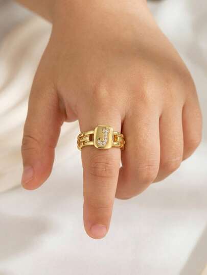 1 pieza Anillo cuadrado de moda clásica con letra, adecuado para hombres, niñas y niños, accesorio de calle, regalo de decoración diaria