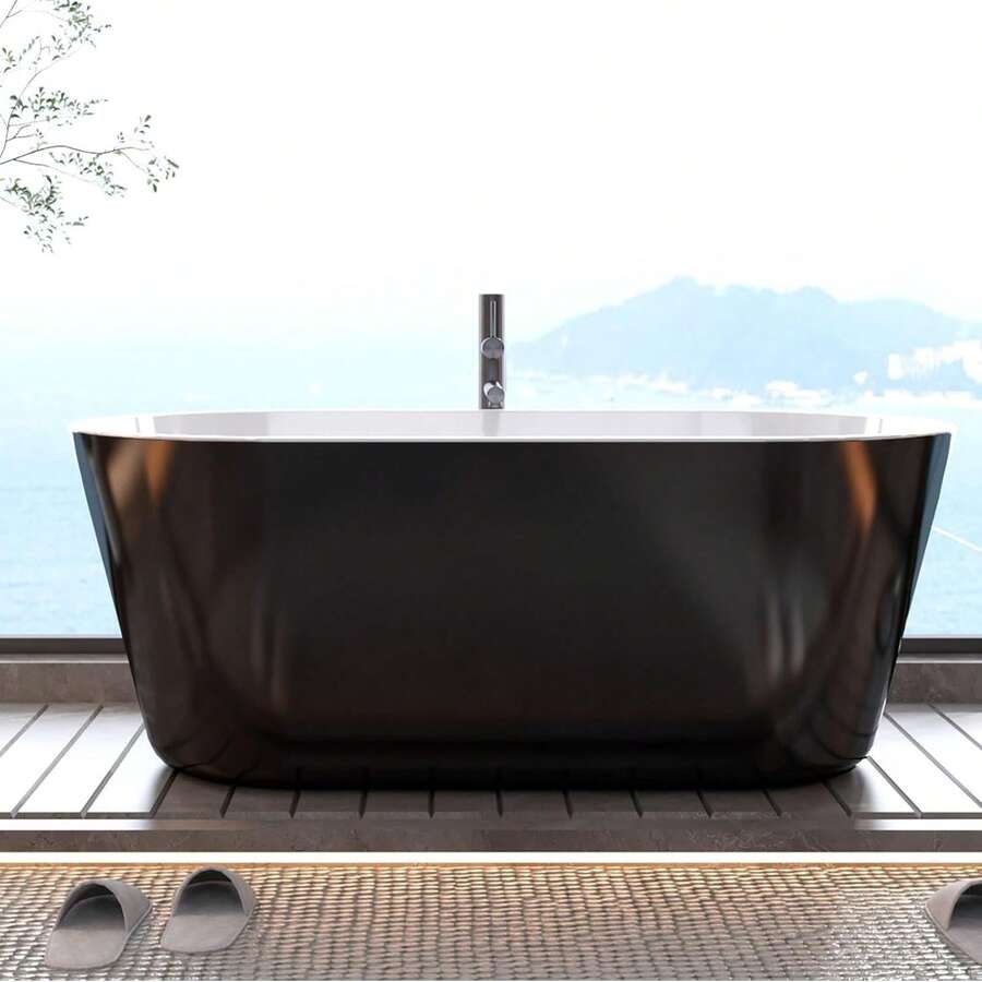 Freestanding Bathtub 59 Inch Black And White Acrylic Soaking Tub With Chrome Drain And Overflow, Modern Spa Bath For Bathroom Renovation And Relaxing Home Use, Black - 黑色 - 查看 1
