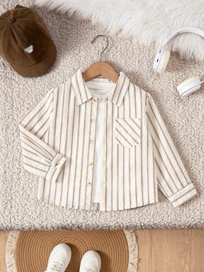 Camisa de manga larga a rayas con parche de bolsillo casual clásica para niños y niños, adecuada para reuniones casuales y diversas ocasiones formales