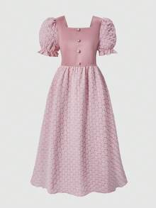 优雅时尚的新款春夏提花短袖方领公主风连衣裙，饰以珍珠纽扣和泡泡袖，复古度假风，适合斋月、节日、派对、校园、旅行度假和日常穿着。 - 粉色 - 查看 6