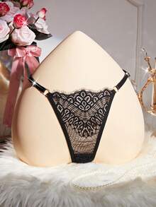 情人节礼物：纯色蕾丝链条丁字裤，性感低腰半透明T字后背内裤，女士性感内衣 - 黑色 - 查看 3