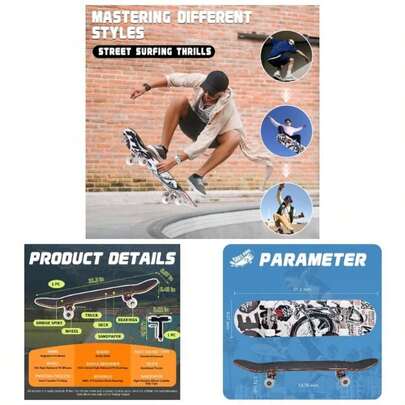 Professional Double Kick Skateboard, 31 Inch Maple Deck, ABEC - 9 Bearings, 95A PU Wheels, Custom Graphic Design
