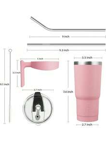 Vaso de  con asa de acero inoxidable con tapa y popote para mujer, color verde lavanda - Rosa Pálido - Ver 3