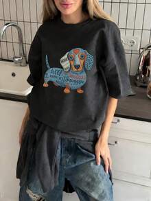 Women's Summer Casual Loose Fit Round Neck Short Sleeve T-Shirt, Cartoon Sausage Dog & English Letter Print, Chic Streetwear Style - Dark Grey - View 5