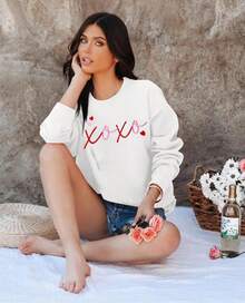 Valentines Sweatshirt Women: Printed Heart Sweater Love Valentine Pullover Casual Heart Long Sleeve Shirts - A-白色 - 查看 6