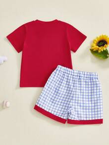 Toddler Baby Boys Baseball Outfits Embroidery Short Sleeve T Shirts And Plaid Shorts Set 2pcs Summer Clothes Sets, Toddler Boy Baseball Short Clothes Sets, Toddler Baby Boy Summer Clothes - 紅色 - 查看 8