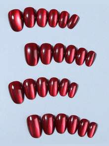 24片极简风短款圆形红色亮面猫眼美甲贴纸，粘性美甲贴花，适合日常佩戴、约会、下午茶、外出等场合。 - 彩色 - 查看 2