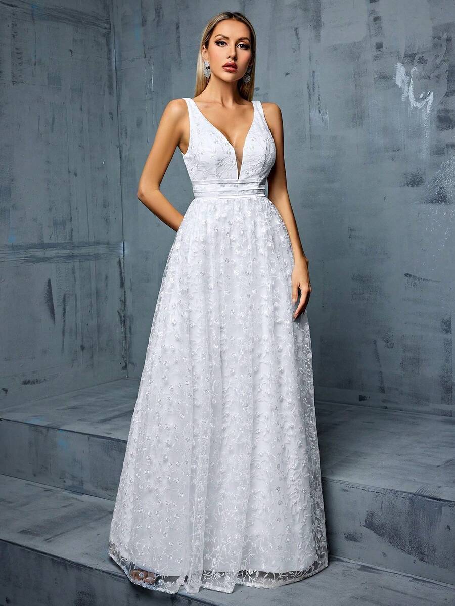 Embroidered Lace Floor-Length Wedding Gown Dress - White - View 1