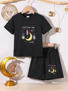 斋月系列月亮印花牛奶丝双面磨毛短袖上衣和短裤套装，女童款，休闲、可爱、舒适、百搭 - 黑色 - 查看 1