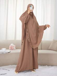 2pcs Set (Khimar + Abaya) Solid Color Muslim Prayer Outfit, Convenient Zipper Long Robe Abaya With Matching Hijab Headscarf, Casual Outdoor Essential Fashion Prayer Jilbab, Women's Abaya Robe, Abayas For Muslim Women - Multicolor - View 27