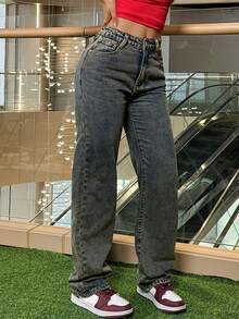 Jeans rectos de tiro medio para mujer | Pantalones anchos para oficina | Estilo high street con efecto desgastado - Retro - Ver 4