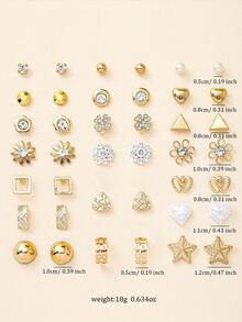20 Pairs Women's Cute Flower, Rhinestone, Heart, Triangle, Geometric Fashion Earrings, Suitable For Everyday Wear - Yellow Gold - View 5