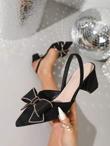春季新款时尚女士尖头婚鞋，粗跟镶钻蝴蝶结休闲舒适高跟鞋 - 黑色 - 查看 1