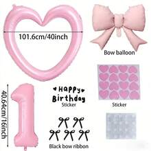 1 Set 40-Inch Giant Pearl Pink Heart Shaped Foil Balloon, 16-Inch Pink Number Balloons, Decorated With Black Ribbon Bow And "Happy Birthday" Sticker, Suitable For Birthday Celebrations, Outdoor Events, Anniversary, And As Wedding Decor Background - Multicolor - View 11