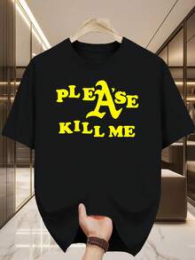Men'S "PLEASE KILL ME" Graphic T-Shirt - Bold Yellow Streetwear Tee With Black Lettering, Casual Round Neck Summer Top, Regular Fit For Casual Attire, Streetwear Fashion | Bold Graphic Tee | Glossy Fabric - 黑色 - 查看 1