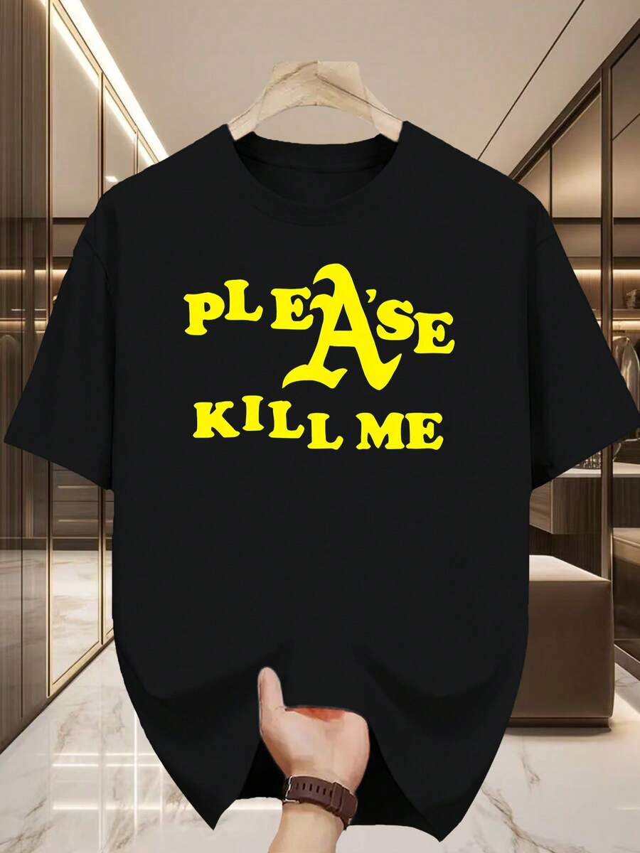 Men'S "PLEASE KILL ME" Graphic T-Shirt - Bold Yellow Streetwear Tee With Black Lettering, Casual Round Neck Summer Top, Regular Fit For Casual Attire, Streetwear Fashion | Bold Graphic Tee | Glossy Fabric - 黑色 - 查看 1