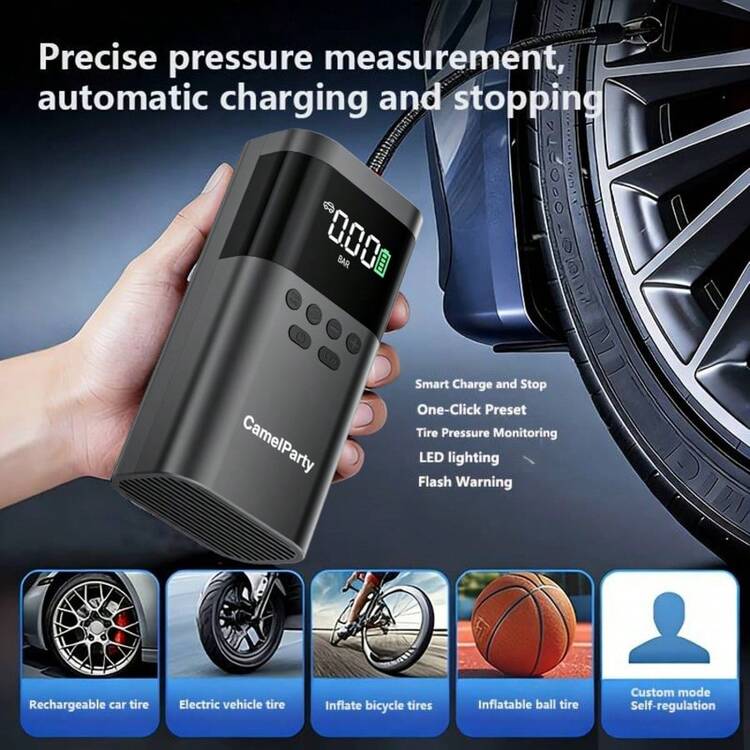 150PSI Portable Air Pump - Equipped With A Digital Pressure Gauge, USB Charging And Rechargeable Lithium-Ion Battery, LED Light, And Wireless Design; Suitable For Cars, Bicycles, Motorcycles, And Ball Items. - Digital display - 查看 3