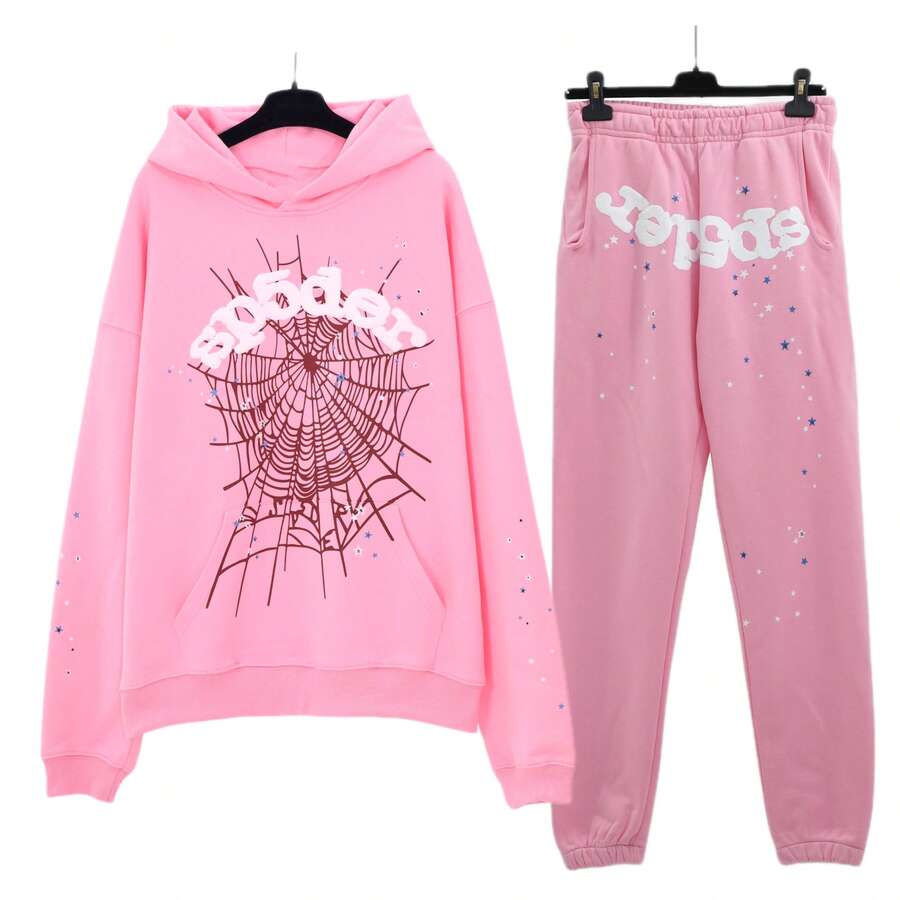 Hip Hop Spider Hoodies Set Y2k Hoodie Tracksuit Pullover Sweatshirt For Men Matching Hoodies Street Suit Two-Piece Set - Hồng - Xem 1