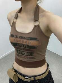 女士 Y2K 露背短款上衣 - 棕色，文字印花，O 形环细节，双层设计，修身款 - 棕色 - 查看 3