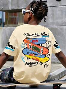 Tween Boy Cartoon Smiling Face Print Round Neck Short Sleeve Casual Versatile T-Shirt - Apricot - View 1