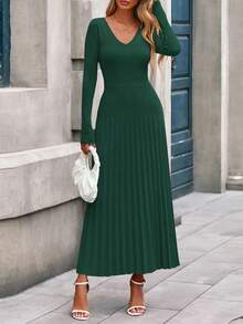 Women Sweater Dress Fall Fashion  Long Sleeve V Neck Ribbed Knit Pleated A Line Elegant Maxi Winter New Years Vacation  Dresses Vestidos Elegantes De Mujer - 墨綠色 - 查看 1