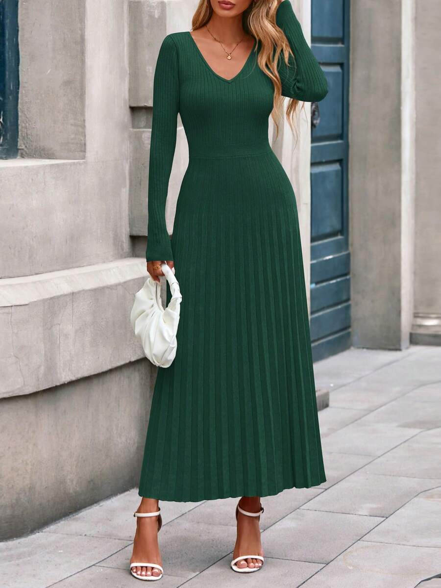 Women Sweater Dress Fall Fashion Long Sleeve V Neck Ribbed Knit Pleated A Line Elegant Maxi Winter New Years Vacation Dresses Vestidos Elegantes De Mujer - 墨綠色 - 查看 1