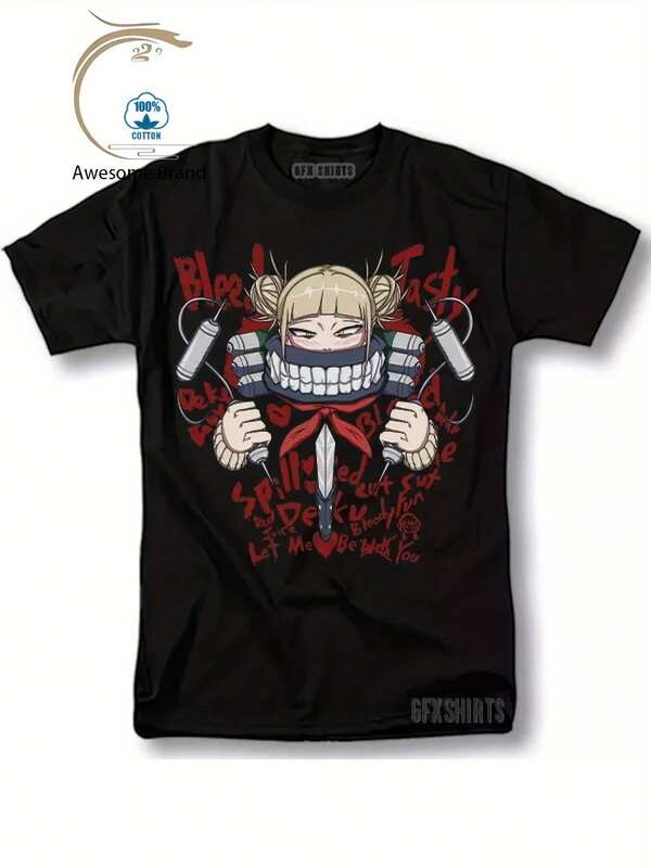 Men's Fashion Print Casual Himiko Toga Anime Pattern T-Shirt - Unisex Loose Fit T-Shirt With Red Japanese Text And Character Art Pattern, Breathable Comfortable Fit, Suitable For Cosplay, Gym, Party - Unisex Casual Street Style, Suitable For All Seasons, Ideal Gift For Anime Fans, Party Outfit