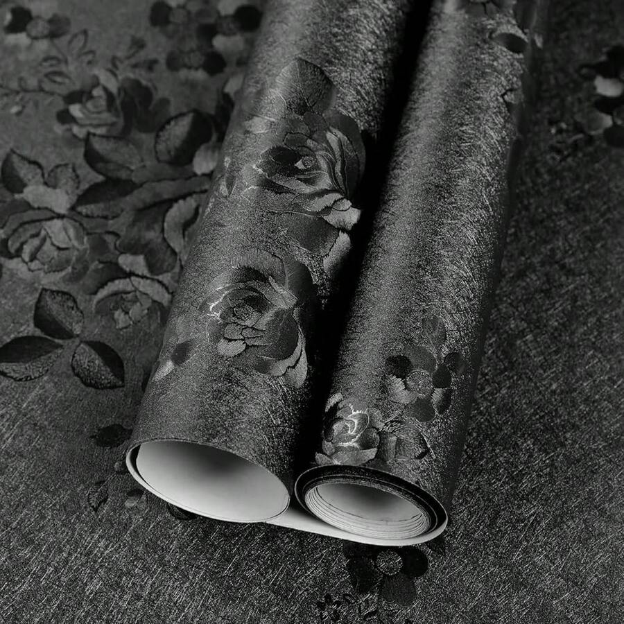 Black Wallpaper Peel And Stick Contact Paper 17.3in X 118.1in Floral Embossed Removable Wallpaper Se--Adhesive Thicken Vinyl Waterproof Flower Textured Bedroom Living Room Wall Paper - 黑色 - 查看 1