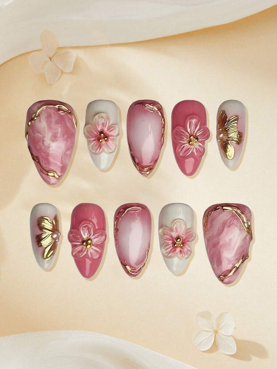 10片装中号杏仁形手工美甲贴纸，渐变粉色亚克力美甲贴片，3D花朵设计，金箔和水钻装饰，DIY法式美甲贴纸套装，表面光滑，全覆盖经典款式，可重复使用，适合女性和女孩日常佩戴，美甲用品，女孩礼物，节日派对礼物，美甲套装，美甲配件，美甲艺术，情人节礼物，手工美甲贴片