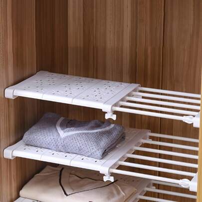 1pc Adjustable Layered Partition - Expandable Cabinet Storage Rack, No-Drill Floating Shelf Divider For Kitchen Cupboards, Home Organization Accessories, Cupboard Organizer|Elegant White Design|Durable Plastic Construction, Cupboard Organizer, Mounted Closet Systems