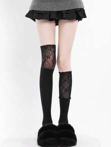 1/3双女士黑白蕾丝拼接过膝袜，复古风格，可搭配高筒靴，独特保暖的圣诞/新年礼物，情人节特惠 - 彩色 - 查看 5