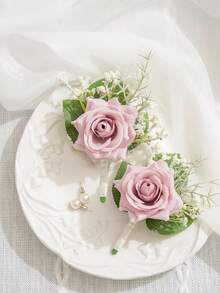 6/1件粉色玫瑰胸花配满天星，逼真丝绸花朵翻领别针，适用于新郎、伴郎、婚礼、舞会、周年纪念、返校节、乡村秋季场合 - 藕粉色 - 查看 3