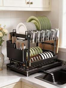 大容量多功能沥水架 | 厨房餐具收纳架 - 高级台面沥水架，带可调节杯架和餐具隔层，不锈钢防锈盘架，节省空间的水槽边收纳架，适合大家庭和烹饪爱好者 - 彩色 - 查看 10