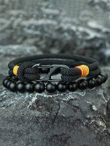 51Luckind 2 Pcs/Set Handmade Braided 4mm Rope 8MM Onxy Beaded Bracelet Set For Men Cool Armband Jewelry Men