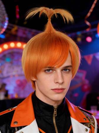 Peluca de cosplay de anime con media coleta alta y flequillo, estilo de cabello naranja ansioso, resistente al calor, sintética recta, para mujeres y hombres, para fiestas diarias, disfraces de vacaciones, personajes de dibujos animados, regalos de cumpleaños, decoraciones navideñas, accesorios de fotografía y escenario