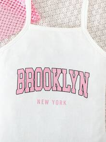 2pcs/Set Toddler Girls' Fashion Fishnet Cropped Hollow Top & Letter Print Snug Fit Slip Dress Set, Summer - Pink - View 8