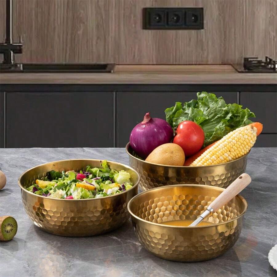 Tazón de ensalada de acero inoxidable dorado/plateado, tazón de mezcla de ensalada de verduras y frutas, tazón para hornear, tazón para ollas calientes, tazón de comedor comercial coreano, plato y vajilla, tazón para salsas, utensilios de cocina y suministros de comedor - Multicolor - Ver 1