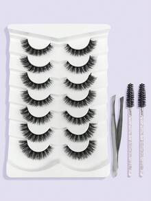 Hinarin 7对自然浓密假睫毛+1个睫毛镊子+2支一次性睫毛刷，浓密卷翘蓬松假睫毛，适合派对、卡通妆容，旅行必备 - 黑色 - 查看 1