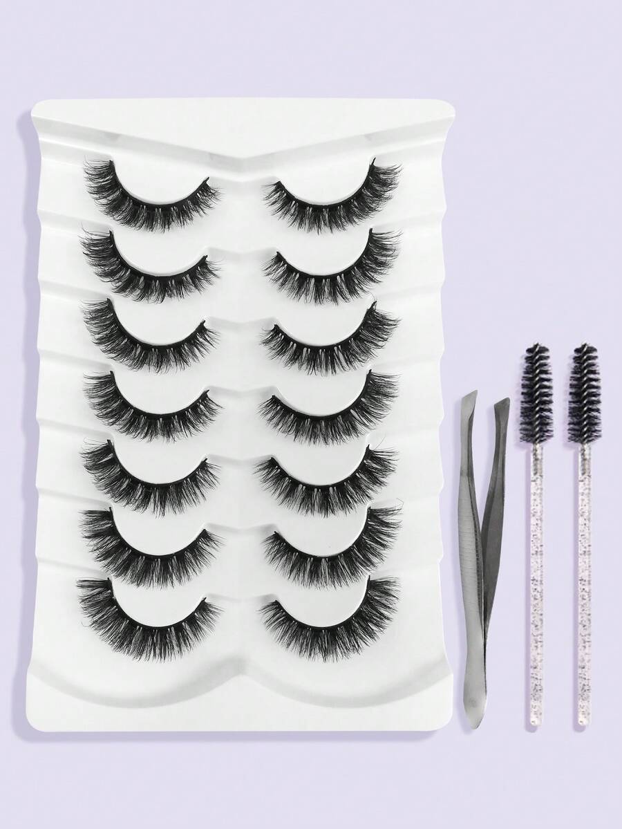 Hinarin 7对自然浓密假睫毛+1个睫毛镊子+2支一次性睫毛刷，浓密卷翘蓬松假睫毛，适合派对、卡通妆容，旅行必备 - 黑色 - 查看 1