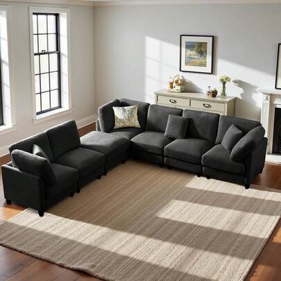 Dagniwak 7-Seater Modular Sectional Upholstered Couches, Chenille Cloud Couch With Movable Ottoman,L/U-Shape Modern Sofa For Living Room