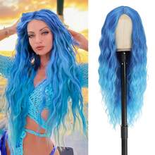 Cosplau Wig Blue Wig Long Wave Hair Wig With 4*1 Small Lace Front Wig Middle Part Synthetic Hair Wig For Cosplay, Party - Blue - View 1