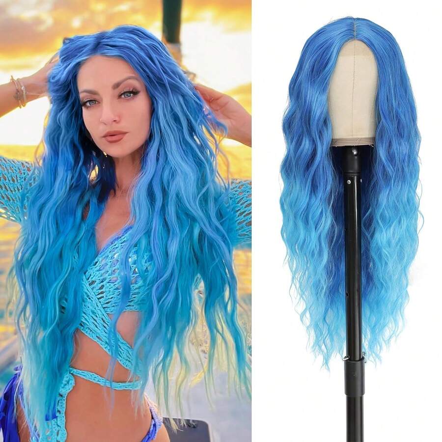 Cosplau Wig Blue Wig Long Wave Hair Wig With 4*1 Small Lace Front Wig Middle Part Synthetic Hair Wig For Cosplay, Party - Blue - View 1