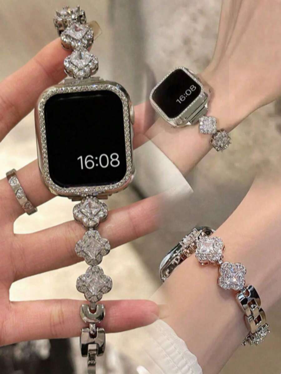 全新表带，兼容 4/5/6/7/8/SE，新款手镯式表带，女士银色手镯式表带，采用钻石花朵设计，搭配螺旋金属表带，兼容 38/40/41/42/44/45/46/49毫米表带，兼容 Ultra/SE/1/2/3/4/5/6/7/8/9/10系列，时尚优雅，适合日常、休闲、商务场合。