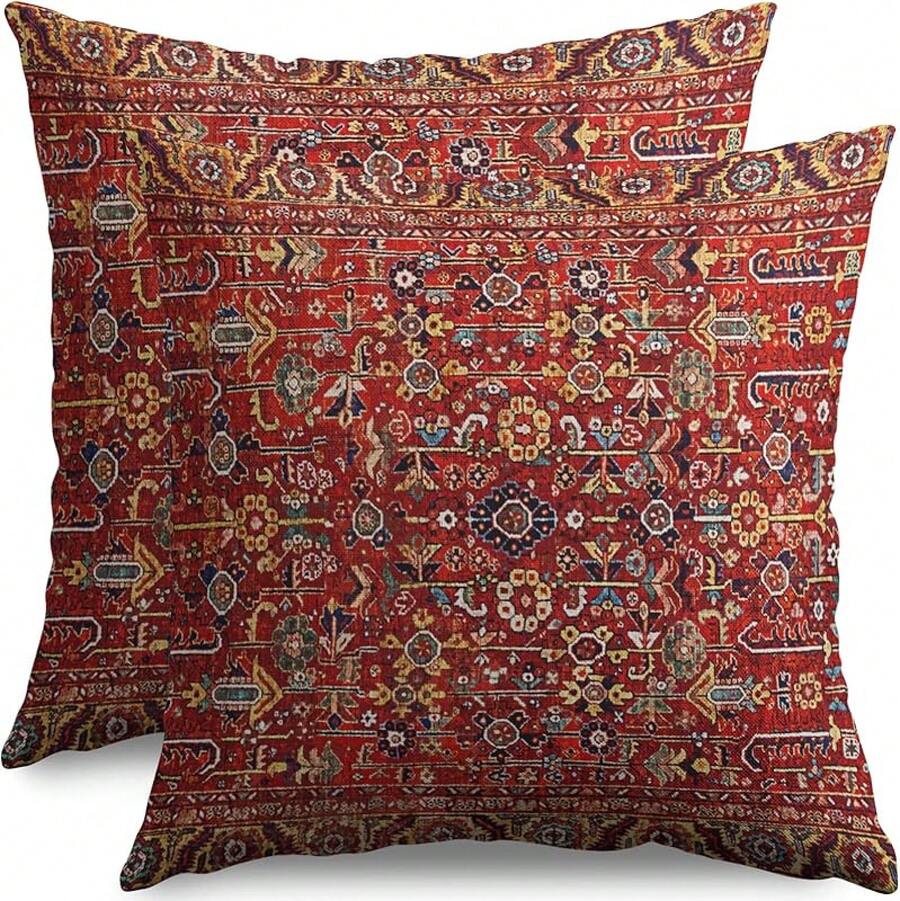 Sage Green Boho Throw Pillow Covers 18 X 18 Inch Pack Of 2, Bohemian Pattern Decorative Pillow Cases Vintage Outdoor Linen Farmhouse Cushion Covers Bedroom Home Sofa Decor, Decor - 銹紅色波西米亞風 2 - 查看 1