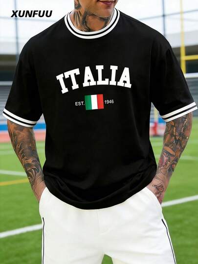 夏季棒球风短袖T恤，旗帜印花，宽松休闲运动T恤