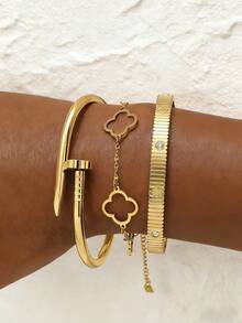 3pcs Stainless Steel 18K Gold Plated Women's Bangle Bracelets, Thick Multi-Layer Gold Bracelet, Four-Leaf Clover Design With CZ Zirconia Decor, Stackable Bracelets, Elegant Gift For Halloween, Christmas - Four Leaf Clover - View 2